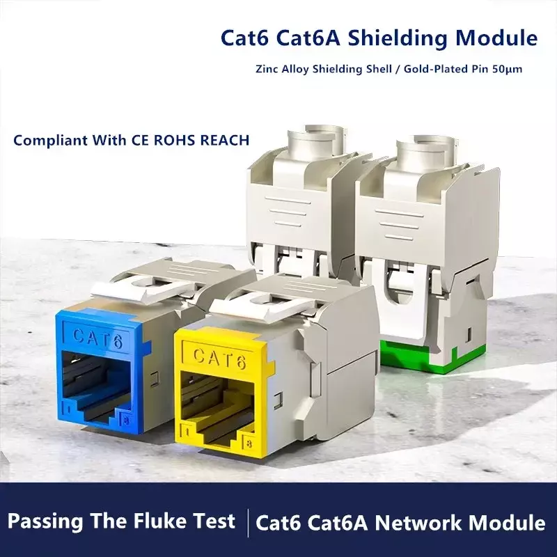 Cat6แจ็คตัวเชื่อมต่อแจ็คตัวเมียสี STP Cat6A colokan sambungan แบบไม่ต้องใช้เครื่องมือแบบจีบสำหรับเครือข่ายแล็ปท็อปแผงขนาด19นิ้ว