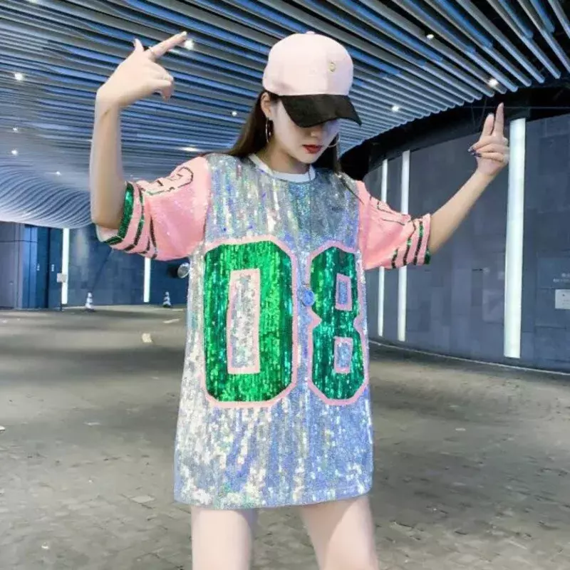 Women Summer Harajuku Baseball T Shirt Spliced Shinny Sequins Short Sleeve T Shirt Loose Streetwear Hip Hop Bling Long Tee Tops