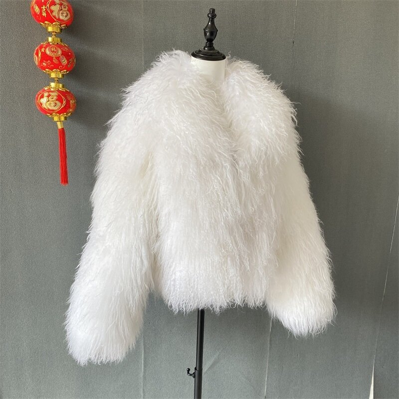 Jaqueta monocromática de lapela de pele mongol feminina, casacos elegantes, branco, fofo, grosso, quente, mangas compridas, chique, grande, lady, inverno