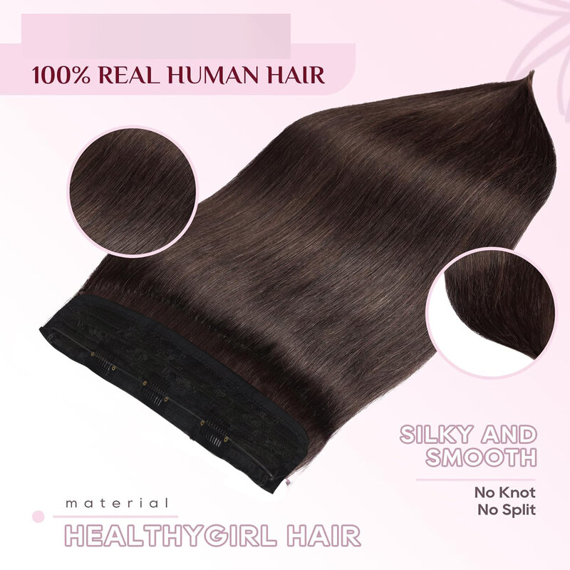 Extensões retas de cabelo com grampo para mulheres, cabelo humano, linha de peixe invisível, pedaços de cabelo castanho escuro, 16-26 pol, #2
