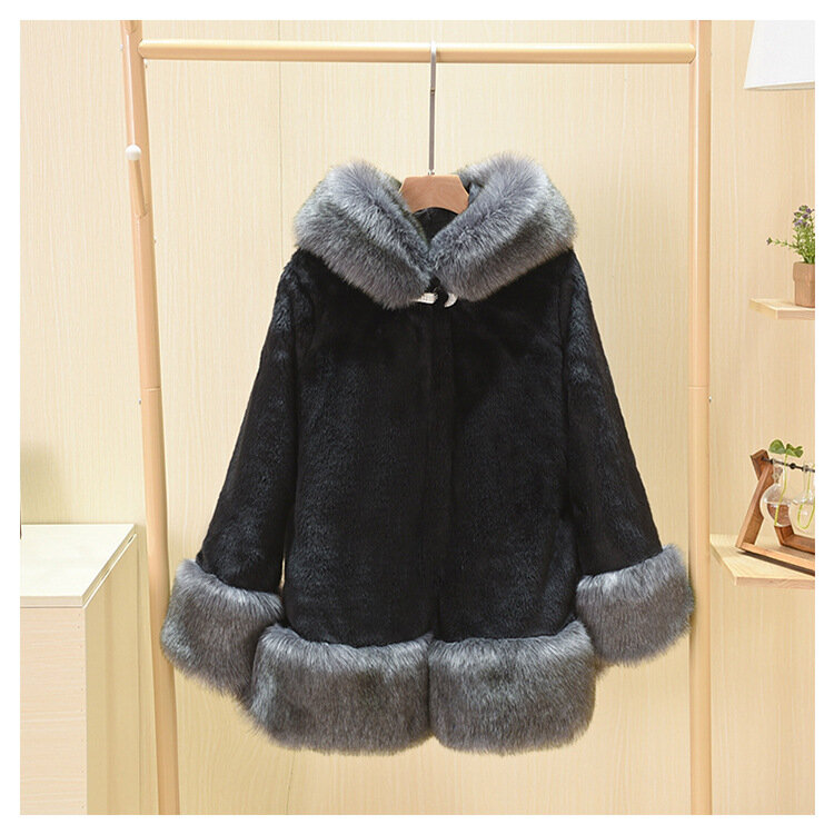 Abrigo de piel sintética con capucha para mujer, S-5XL, cuello de zorro, visón completo, longitud media, ropa cálida de otoño e invierno