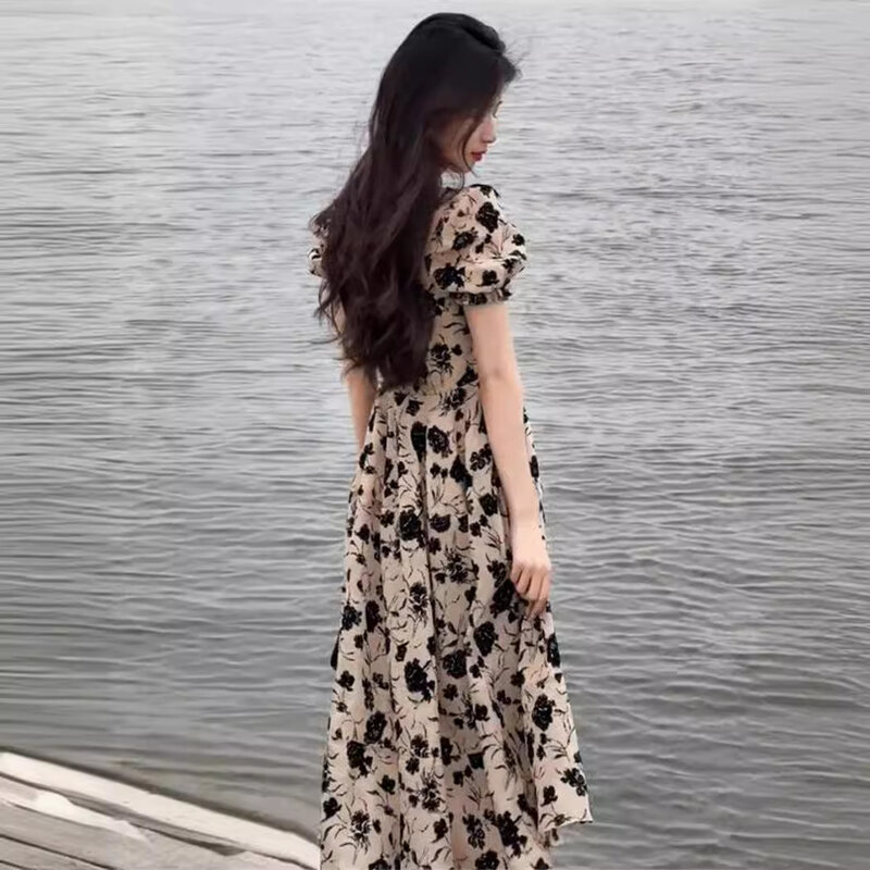 Hot Temperament Slimming Slim Dress French High Waisted Floral Sexy Long Dress Women Trendy