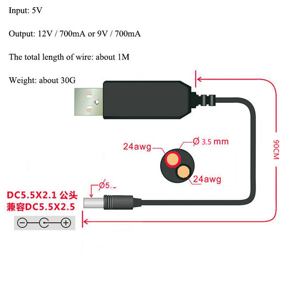 TZT-USB Linha Boost Power, Step Up Módulo, Conversor, Cabo Adaptador, 2.1x5.5mm Plug, DC 5V para DC 9V, 12V