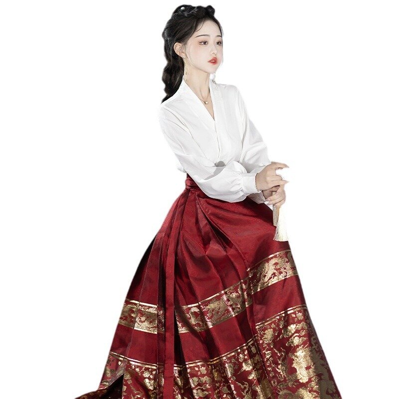 Oryginalna dynastia Ming niebieska spódnica z twarzą konia tradycyjny chiński styl kobiet zestaw sukni Hanfu elegancka koszula Vintage 2 sztuk/zestaw