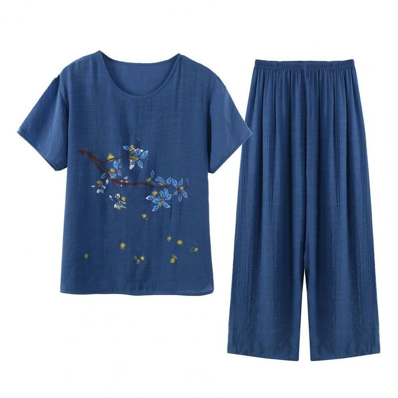 Conjunto de pijama elegante para mujer de mediana edad, Top con estampado de flores, pantalones de pierna ancha, ropa de dormir cómoda para madre