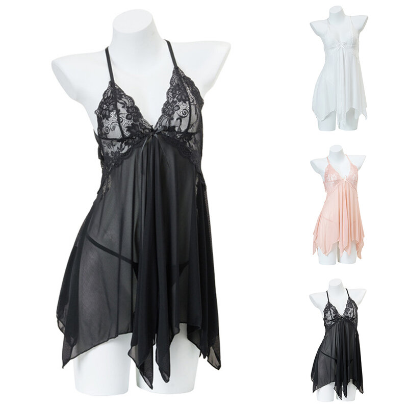 섹시한 여성 레이스 잠옷, 플러스 사이즈, 초박형 란제리 메쉬, 투명 나이트드레스, A 라인 백리스 유니폼, 에로틱 잠옷