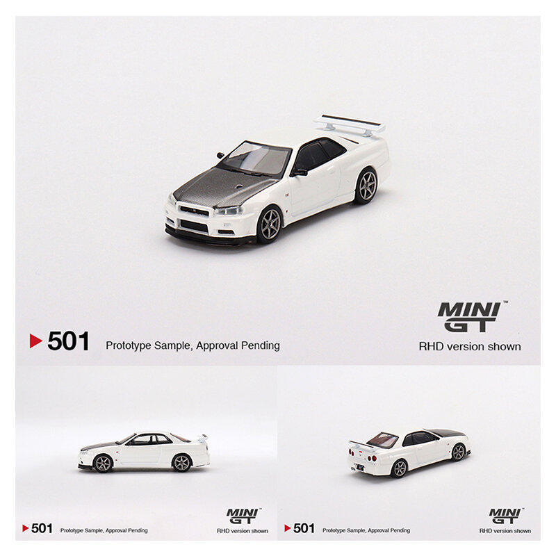 Minigt 501ในสต็อก1:64เส้นขอบฟ้า GTR R34 V-Spec II N1 Diecast diorama สีขาวโมเดลรถยนต์คอลเลกชันขนาดเล็ก