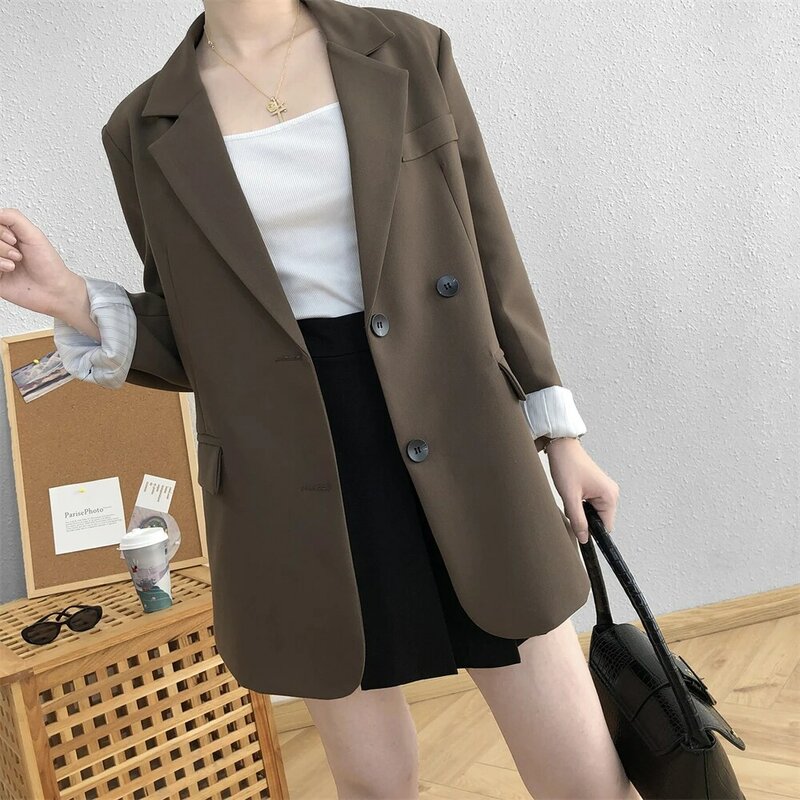 Ladies Korean Chic Blazer Coat Women Autumn All-match Long Sleeves Casual Loose Suit Jacket Female Single Breasted Tops Outwear