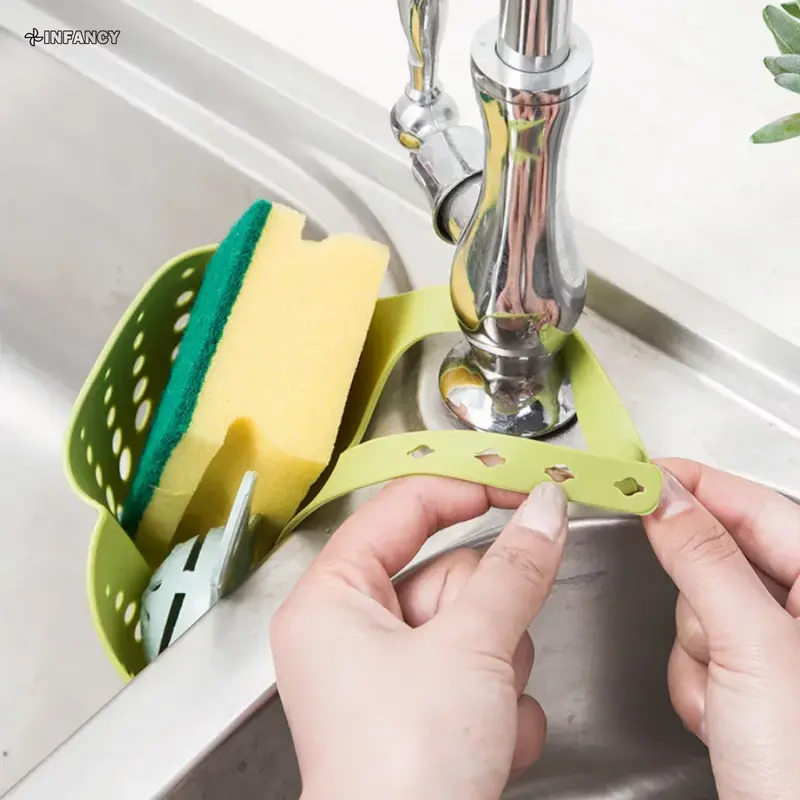 Keranjang pembuangan wastafel dapur, keran keranjang gantung sabun dan tempat spons silikon yang dapat diatur, aksesori penyimpanan dapur