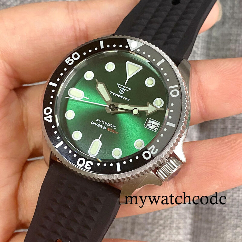 Tandorio NH35A Green Sunburst Luminous Dial 37mm Automatic Men's Wristwatch 3.8 Crown Alloy Insert Waffle Strap Auto Date
