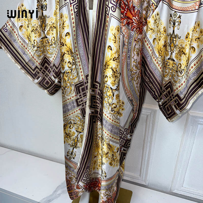 WINYI-Vestido elegante de quimono feminino, estampado africano, moda praia boho, cardigã, roupas de praia, roupas luxuosas do feriado, Dubai, verão