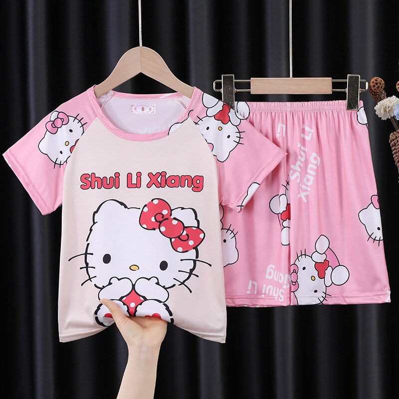 Sanrioed Hello Kittys Kids Short Sleeve Pajamas Kuromi Cinnamoroll Boy Girl Cute Short Sleeve Shorts Loungewear Summer Sleepwear