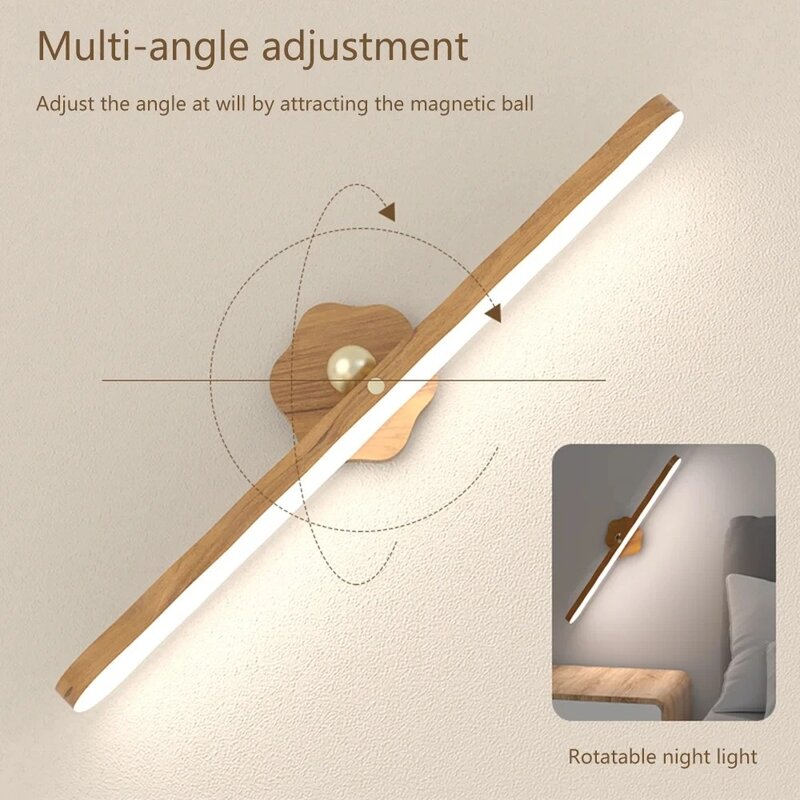 Wooden LED Night Light Mirror Front Fill Light Portable Rechargeable Magnetic Wall Lamp For Bedroom Bedside Lamp Touch switch