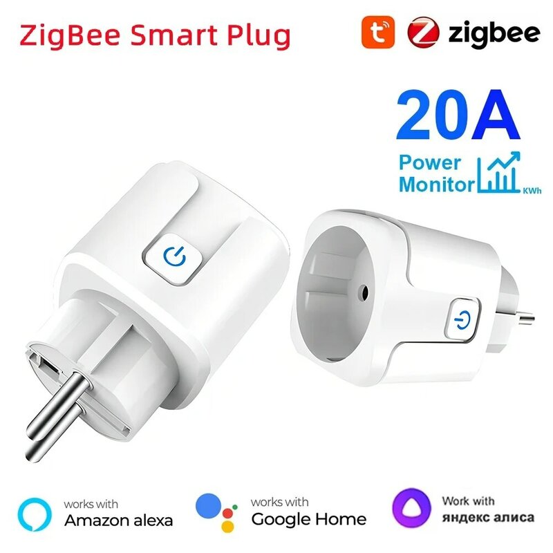 Soket Zigbee Tuya, colokan EU 20A dengan fungsi Timer pemantauan daya soket Outlet pintar kontrol suara mendukung Google Home Alexa