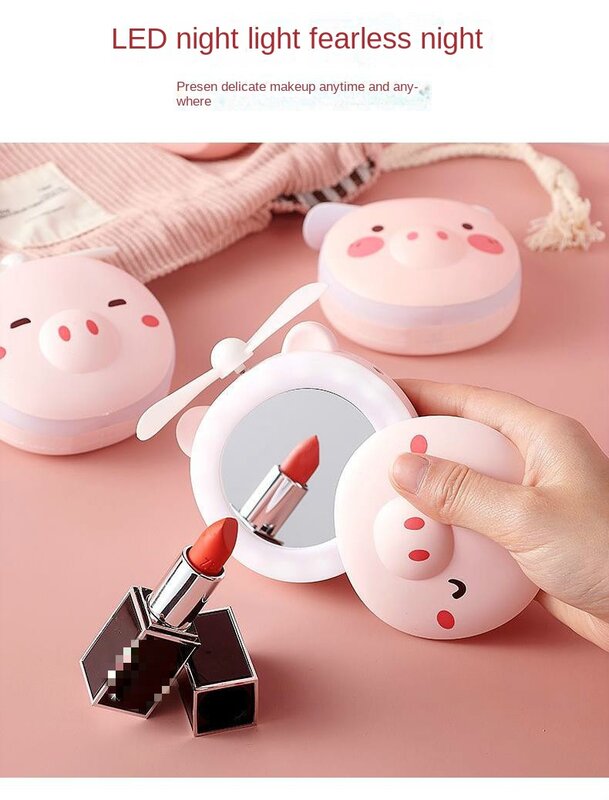 Kipas cermin rias Piggy Musim Panas, mainan Mini dengan lampu, cermin Mini, mainan Princess siswa portabel, cermin kecantikan, pengisian daya USB