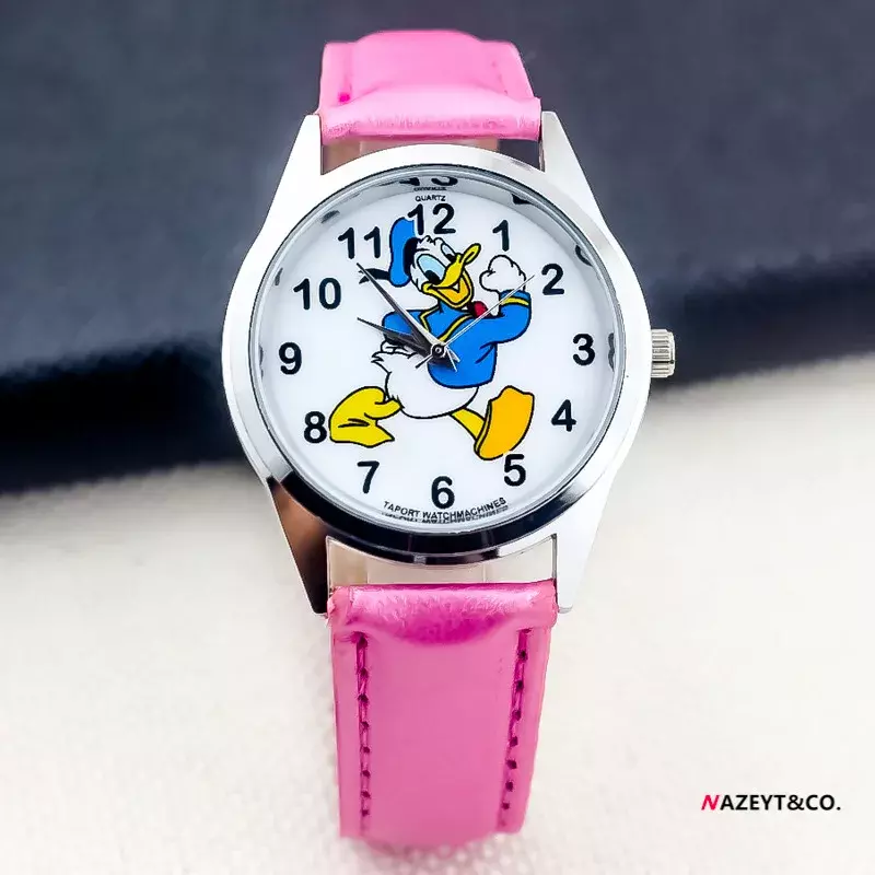 Disney-Donald Duck Dial Watch para crianças, pulseira de couro, vidro opcional Dial, Kids 'Present, 7 cores