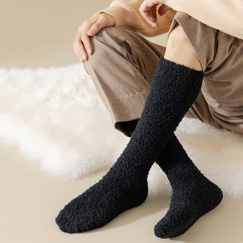 New Coral Fleece Long Socking Winter Warm Women Plush Floor Socks Home Sleep Calf Socks Solid Color Soft Thigh High Socks