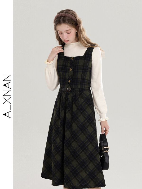 ALXNAN 여성용 캐주얼 풀오버 긴팔 셔츠, 격자 무늬 싱글 브레스트 조끼 벨트, 격자 무늬 스커트, 3 피스 세트, 별도 판매, T00918
