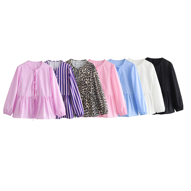 Chemise rayée plissée à manches longues pour femmes, haut chic, col rond, nœud multi-documents, mode vintage, nouveau