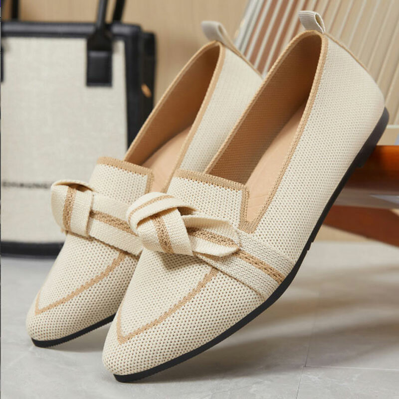 Summer Women's Point Toe Shallow Flats Loafers Elegant Pumps Bow Decor Commuter Daily Fashion Solid Color Knitted Slip On