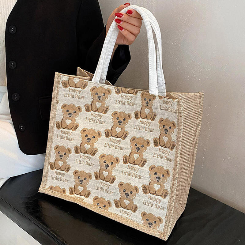 Cute Bear Lunch Bags lino Fashion Ins studenti di grande capacità donna Eco Tote Bag borsa da viaggio portatile in tessuto a tracolla borsa S/L