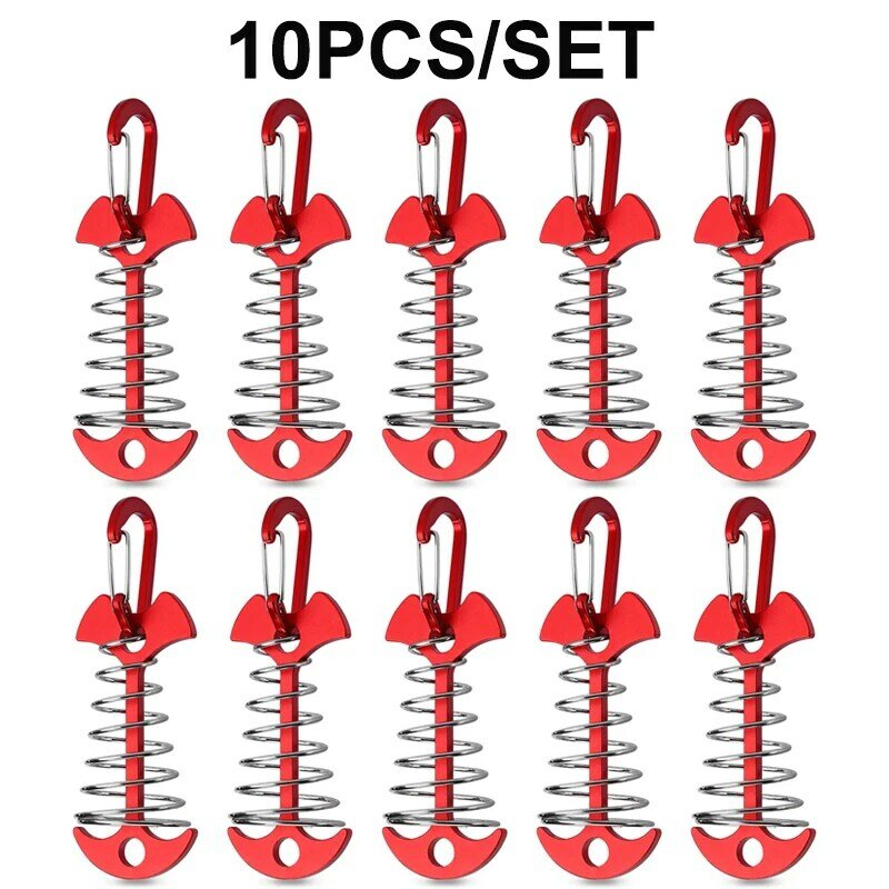 10pcs Deck Anchor Pegs Windproof Aluminum Deck Tie Down Spring Fishbone Tent Anchors Tent Rope Tensioner Guyline Cord Adjuster