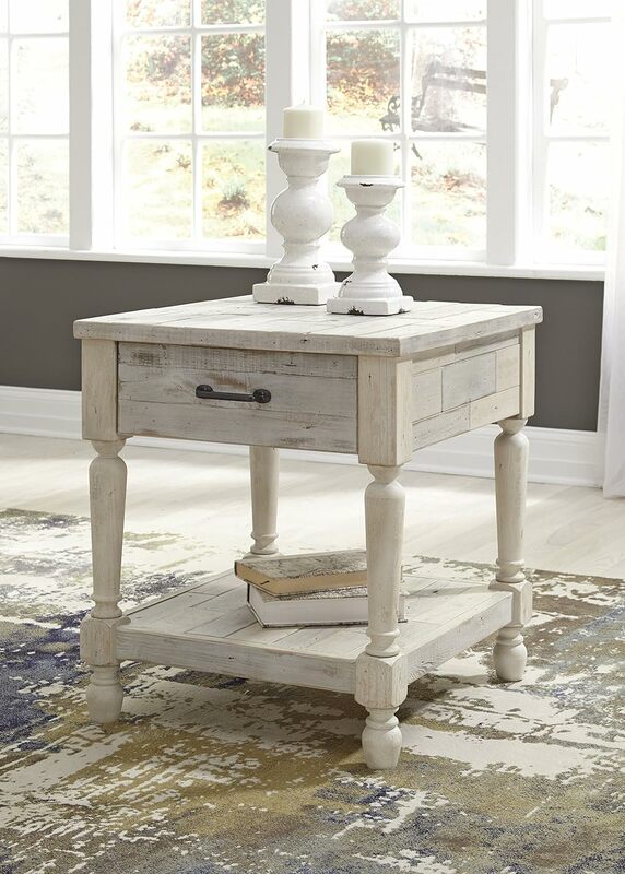 Farmhouse Solid Pine Wood End Table + Rectangular Lift Top Coffee Table with Floor Shelf, Whitewash Weathered Finish