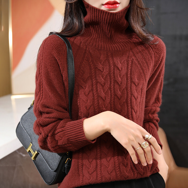 Женский кашемировый свитер с высоким воротником, однотонный теплый шерстяной вязаный пуловер с высоким воротником, джемпер для осени и зимы