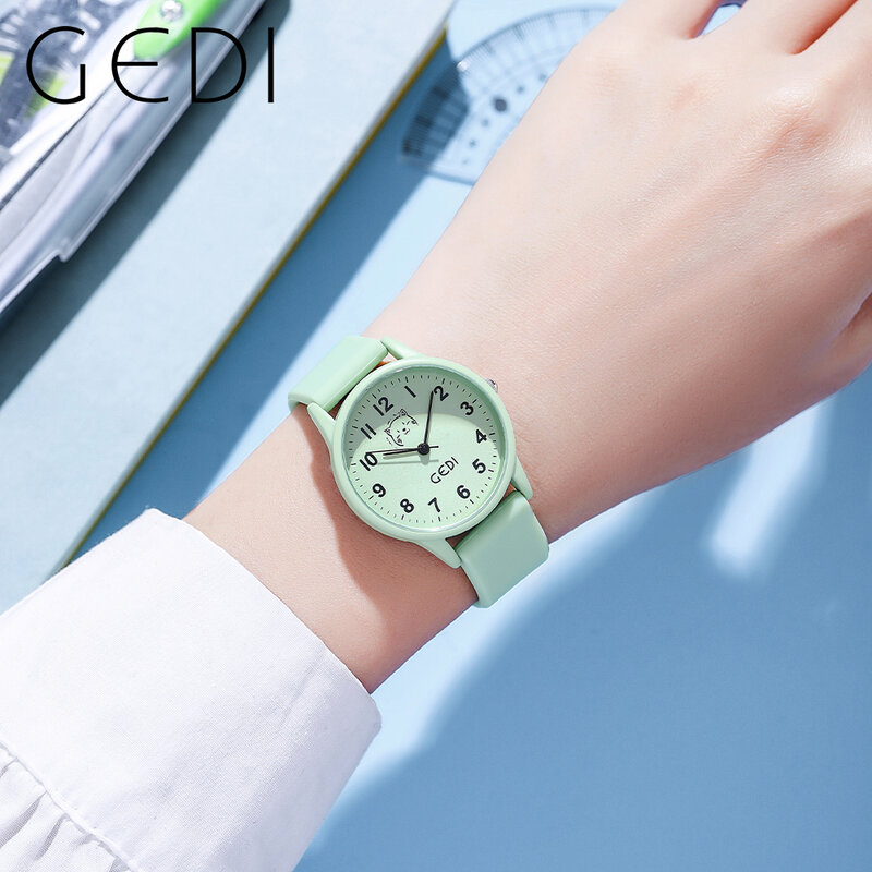GEDI-Cute Kitty Design Watch para mulheres, relógios de pulso de quartzo, relógios casuais femininos, Silicone Band, impermeável, moda