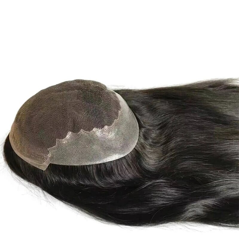 Peluca de tupé largo Q6 personalizada para hombres, encaje transpirable y Pu, prótesis capilar de cabello masculino, 100% cabello humano, Color Natural