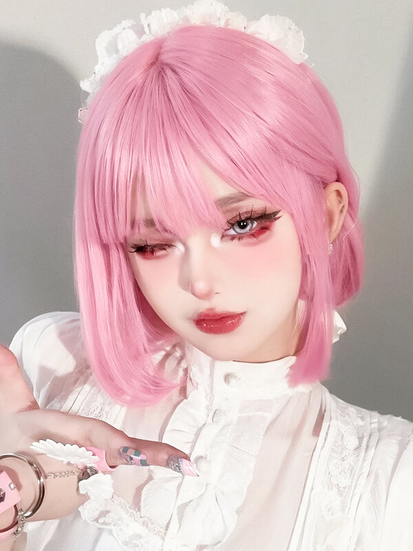 Peluca de pelo corto esponjoso Natural para mujer, rosa claro, Bobhaircut, lindo estilo japonés, Lolita, un cuchillo, pelo corto, peluca de cabeza completa