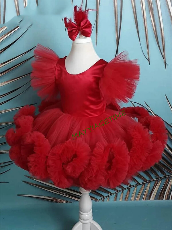 ชุดเดรสผู้หญิงลายดอกไม้สีแดงแขนพัฟชุดเจ้าหญิงชุดเดรสปาร์ตี้แต่งงานชุดแรกสำหรับเด็กผู้หญิง-ดอกไม้