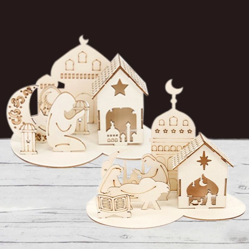 Ornamentos decorativos do castelo de madeira, ornamentos removíveis do Ramadan, Eid Mubarak, atmosfera 3D artesanal