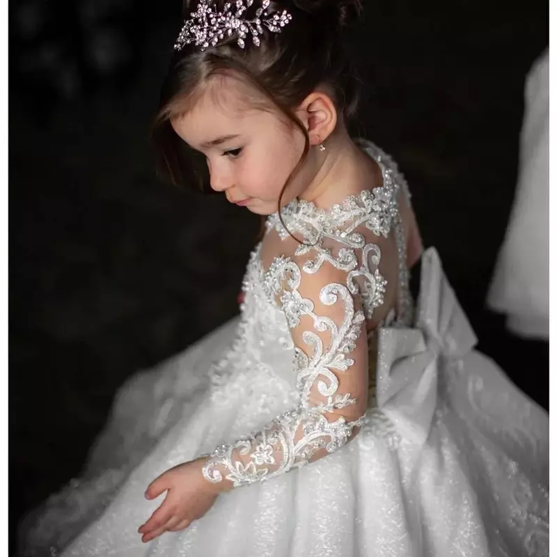 Luxurious Flower Girl Dress Long Train With Bow Bead Birthday Ball Ball Gown Princess Holy Fisrst Communion Wears