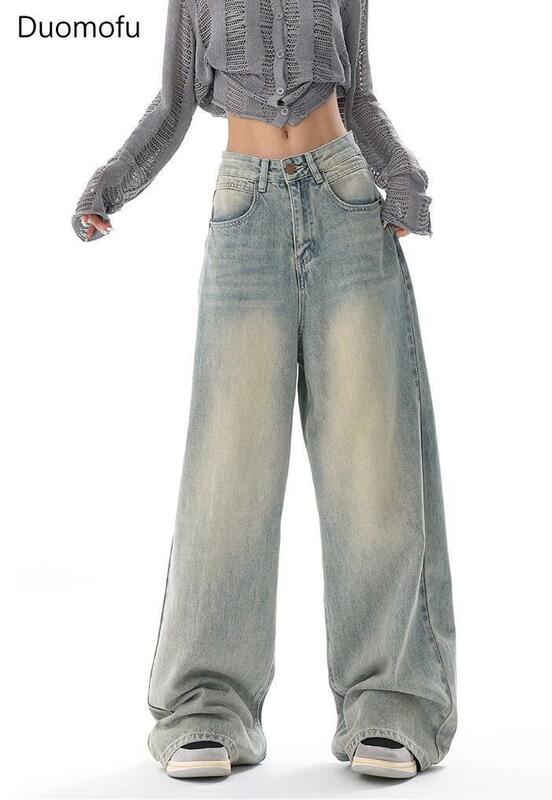Duomofu Jeans longgar wanita, S-XL Jeans Amerika klasik pinggang tinggi ramping bergaya Vintage longgar sederhana musim gugur
