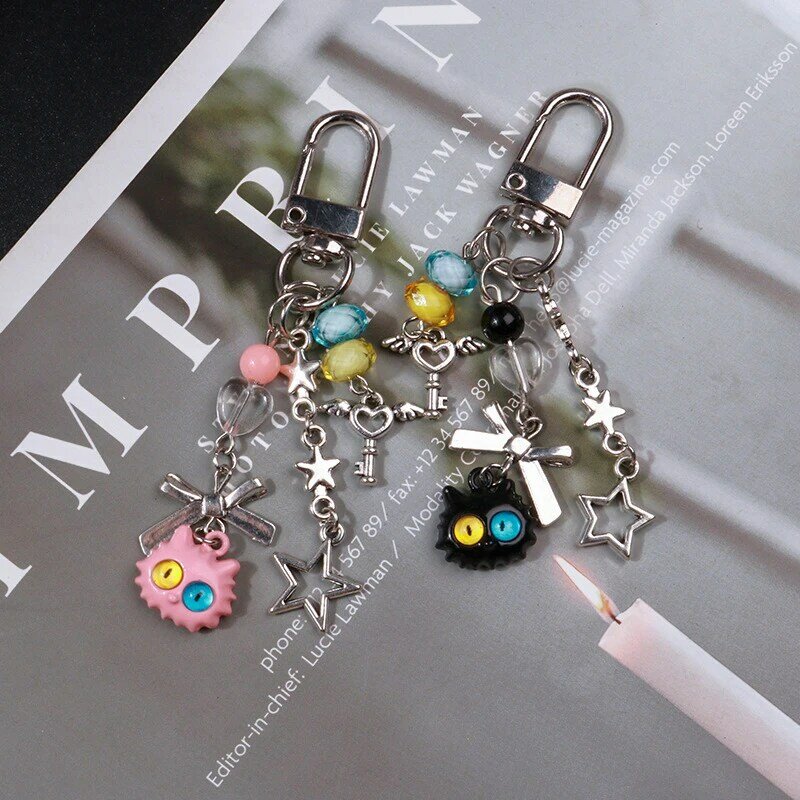 Different Eyes Cat Key Chain Pendant Sweet Cool Beads Phone Chain Earphone Case Hanging Rope Lanyard Wrist Strap Bag Decor
