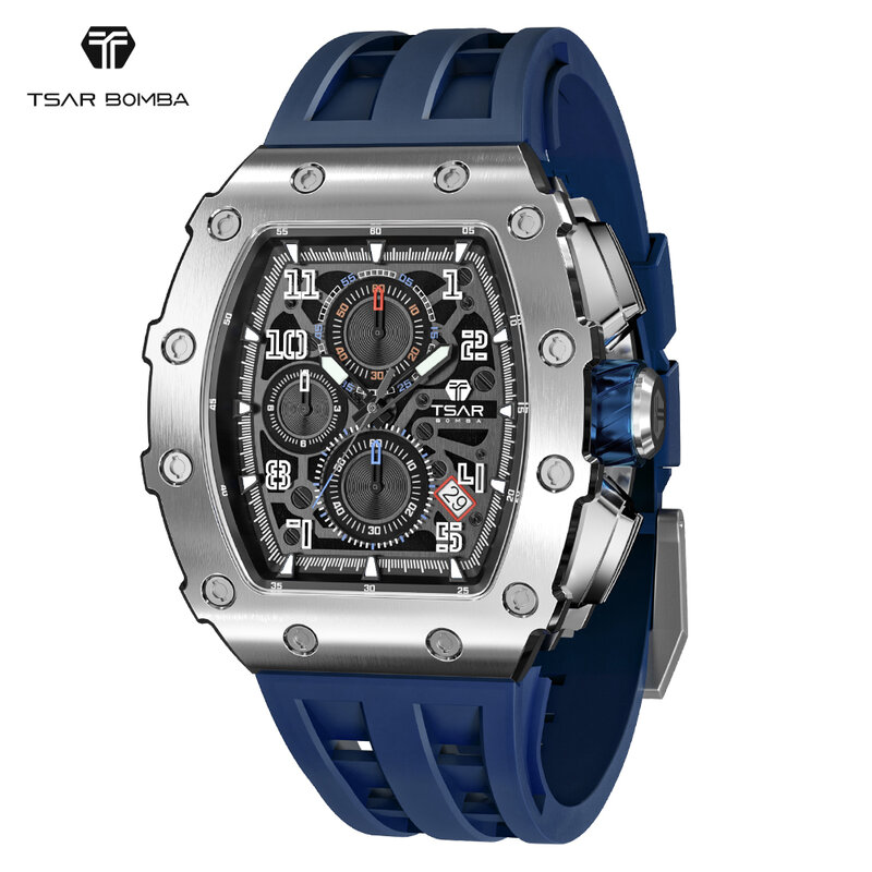 TSAR BOMBA Watch for Men Luxury 50ATM Waterproof Sapphire Glass Square Design Chronograph Fashion Watches Relogio Masculino