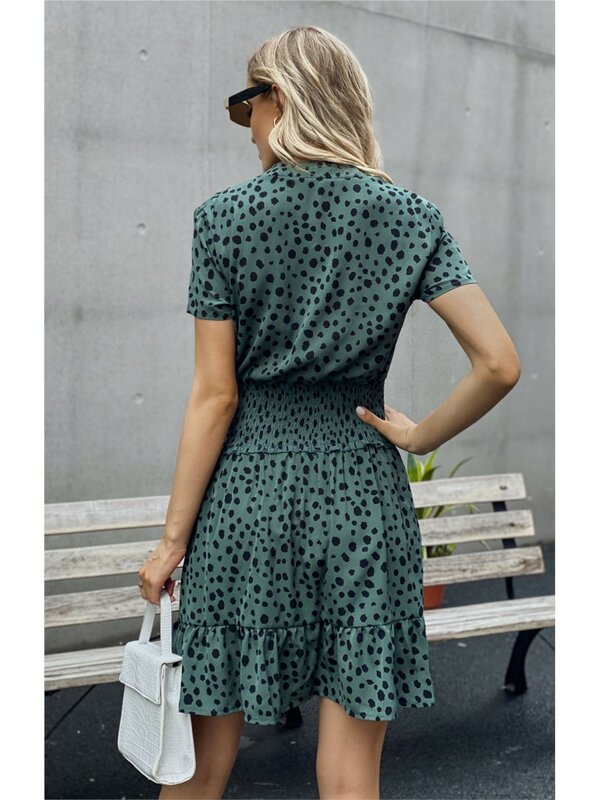 Sommer Tupfen Frauen Kleid Mode V-Ausschnitt Kurzarm Büro süße Freizeit kleider weibliche elegante Mini kleid neue 2024 Vestidos