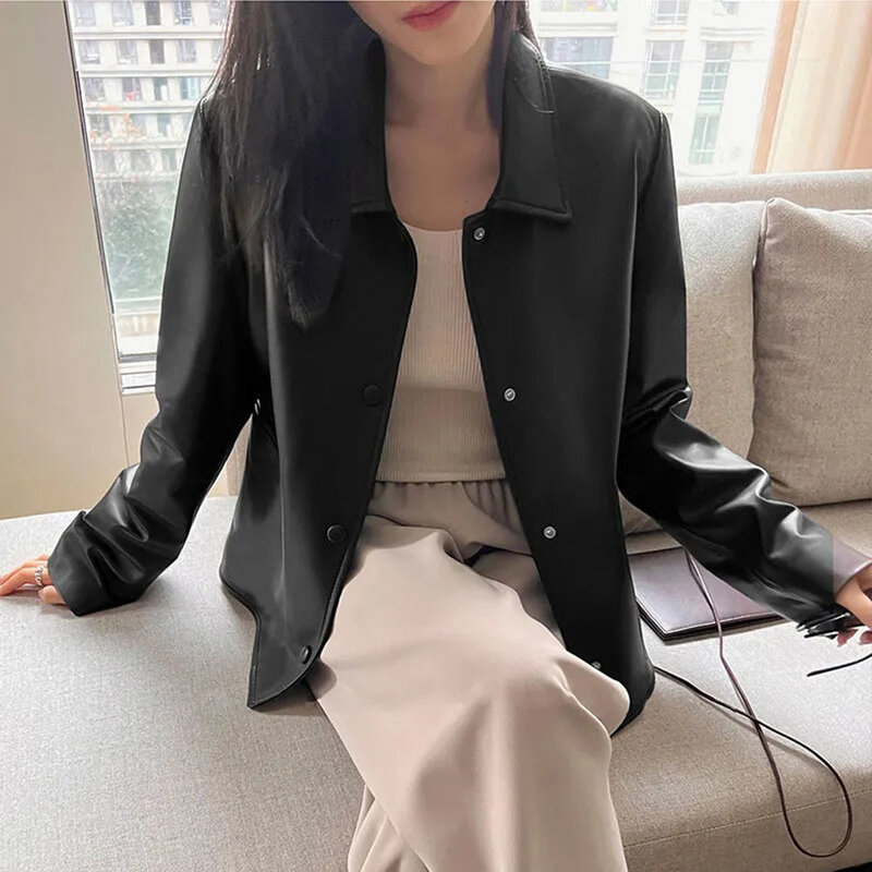 2023 New Spring Autumn Faux Leather Jacket Women Casual Lapel Single Breasted Short PU Coat Lady Fashion Loose Black Outerwear