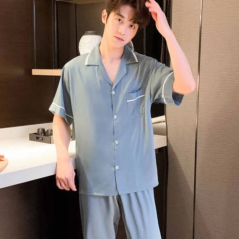Men's Summer New Short Sleeved Pajama Set Fashion Simple Lapel Collar Sleepwear Casual Satin Intimate Lingerie Home Clothes