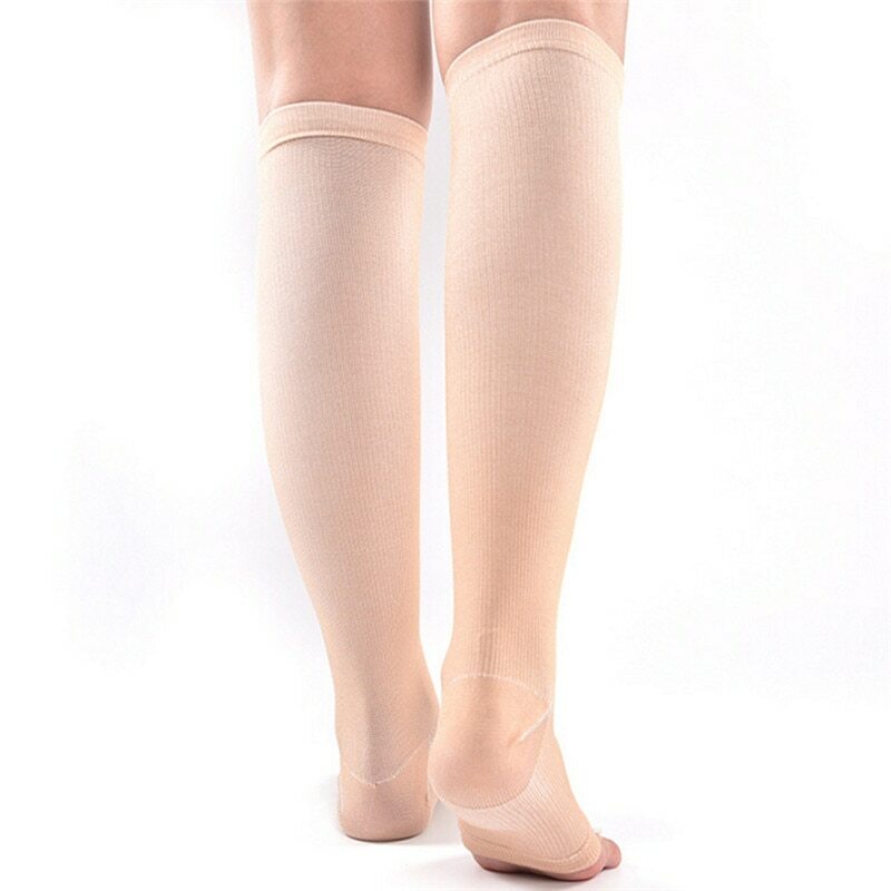 1 par de compressão nível apoio joelho ponta alta aberto meias varicosas médica elástico toeless meias