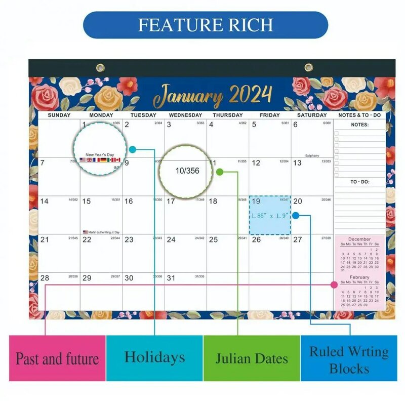 Kalender dinding kalender tahunan tahan lama mudah dibaca 18 bulan kalender dinding Desktop untuk 2024.1 2025.6 bahasa Inggris serbaguna