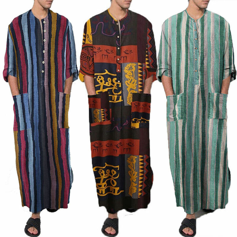 New Muslim Fashion Men Casual Long Sleeve Pockets Button Robes Arabian Striped Lounge Nightgowns Dubai Muslim Men Clothing S-3XL