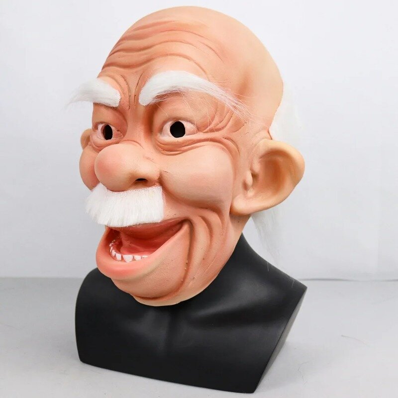 Homem Velho Máscara Facial De Látex, Realista Sorriso Humano Grandfa Rosto Rugas, Assustador, Cabeça Cheia, Halloween Cosplay Prop