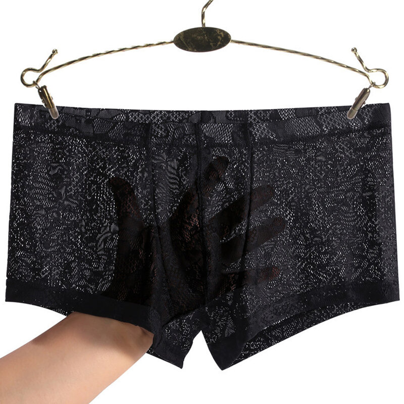 Sexy Men Transparent Lace Lingerie Bulge Pouch Underwear Low Waist Ultra Thin Boxer Briefs Male Breathable Elastic Underpants