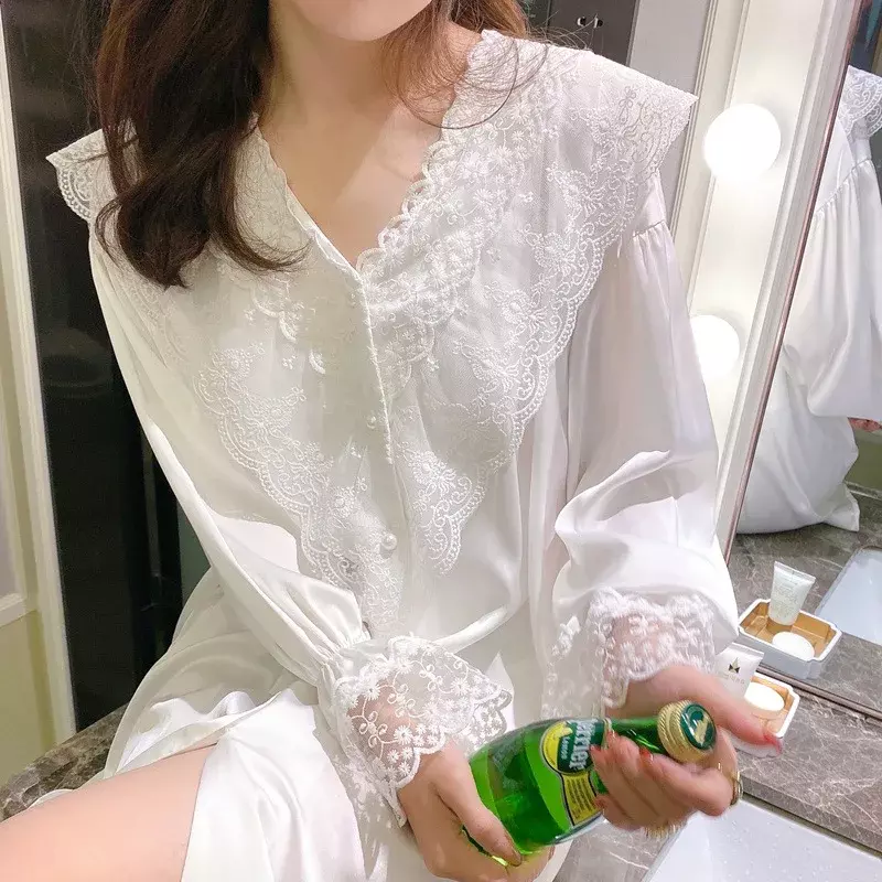 Kobiety koszule nocne satynowe jedwabne koronki koszulka z dekoltem v nocna bielizna nocna sukienka seksowna bielizna suknia szlafrok domowa koszula nocna