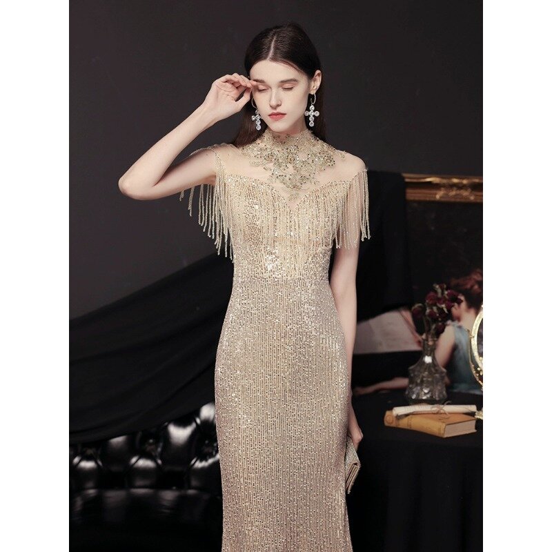 Vestido de baile longo high-end feminino, elegante vestido dourado de peixe, banquetes, design borla, vestido de noite, novo estilo, 2024