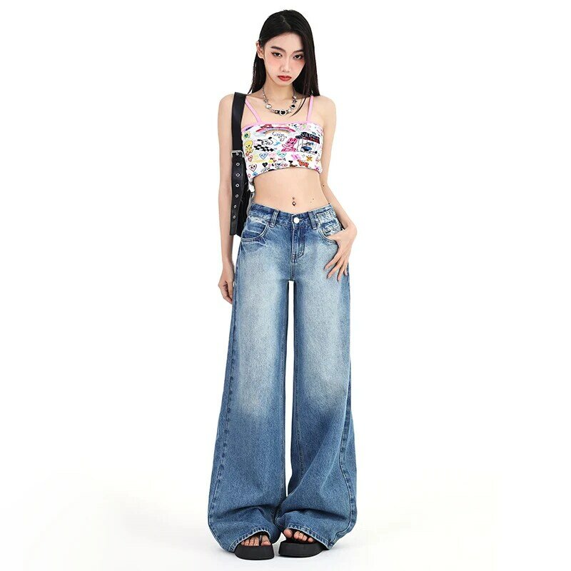 2024 New American Vintage Washed Loose Jeans Women High Waist Straight Leg Denim Pant Fashion Wide Leg Jeans Casual Versatile