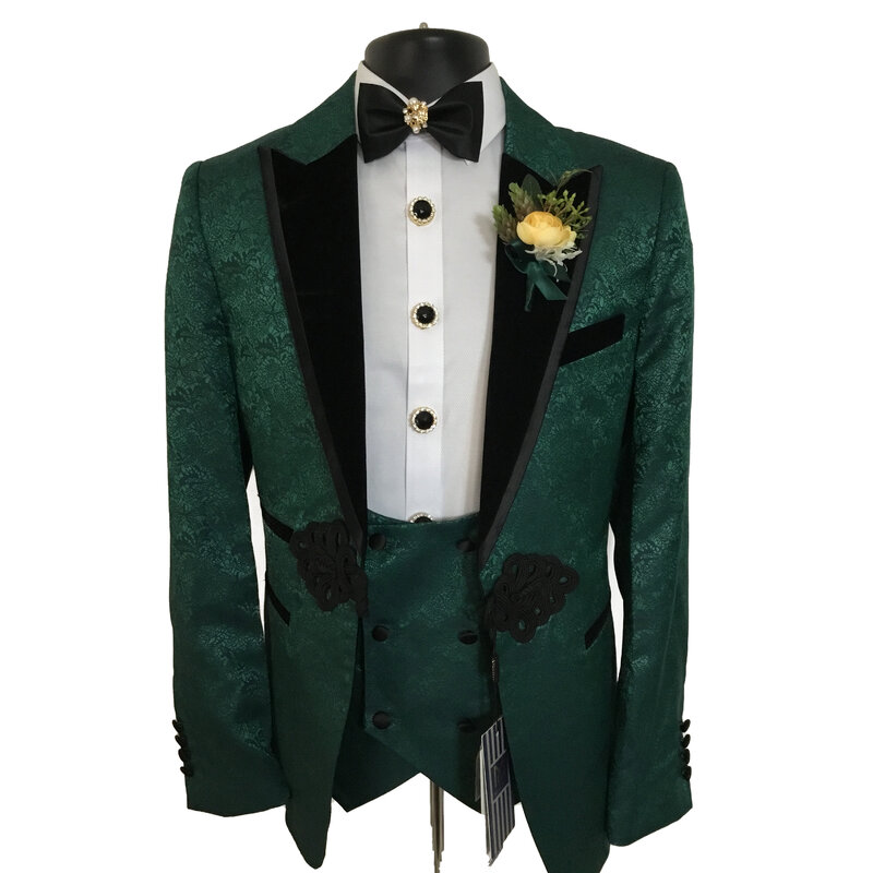 Floral Jacquard Men's Suits For Wedding Slim Fit Groom Wear Chinese Knot Tuxedos 2 Pcs Peak Lapel Blazer Vest Customize