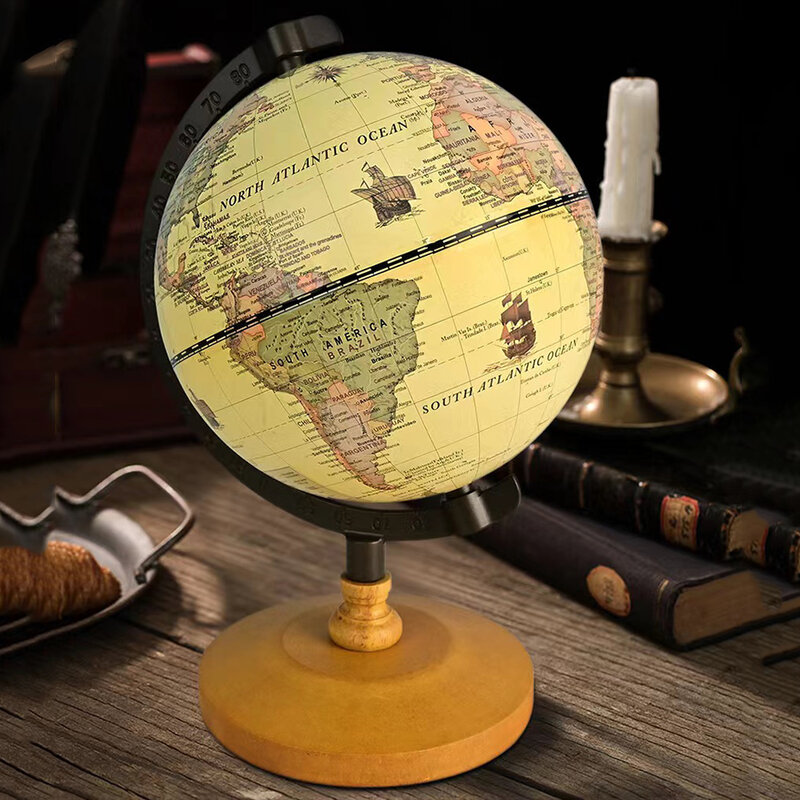 세계 글로브 지구지도 영어 레트로 나무 기반 지구 악기, 지리 교육 글로브 책상 장식 가구, 22x14cm